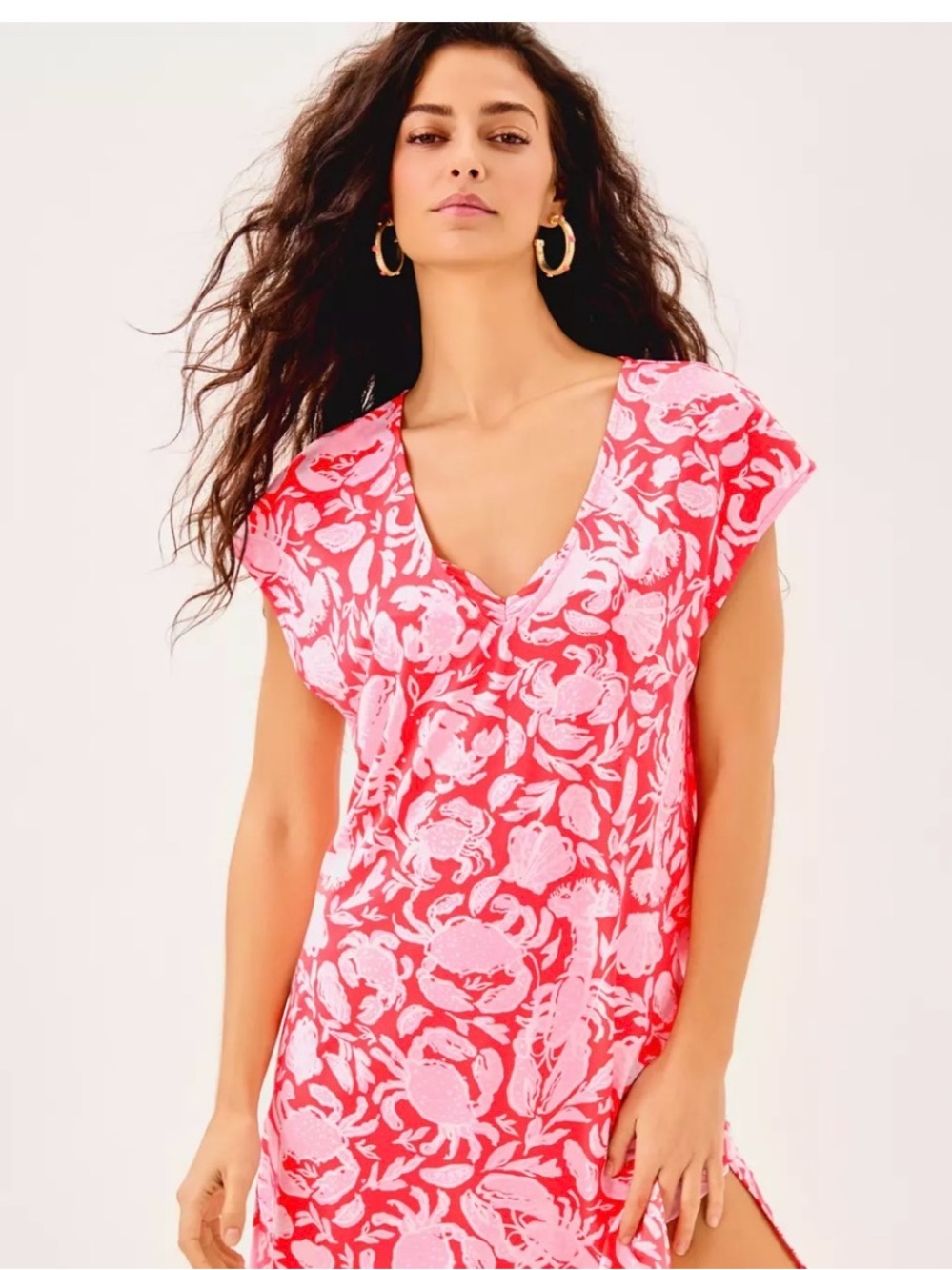 Lilly Pulitzer Coral & Light Pink Crab-Print V-Neck swimsuit cover up dress.